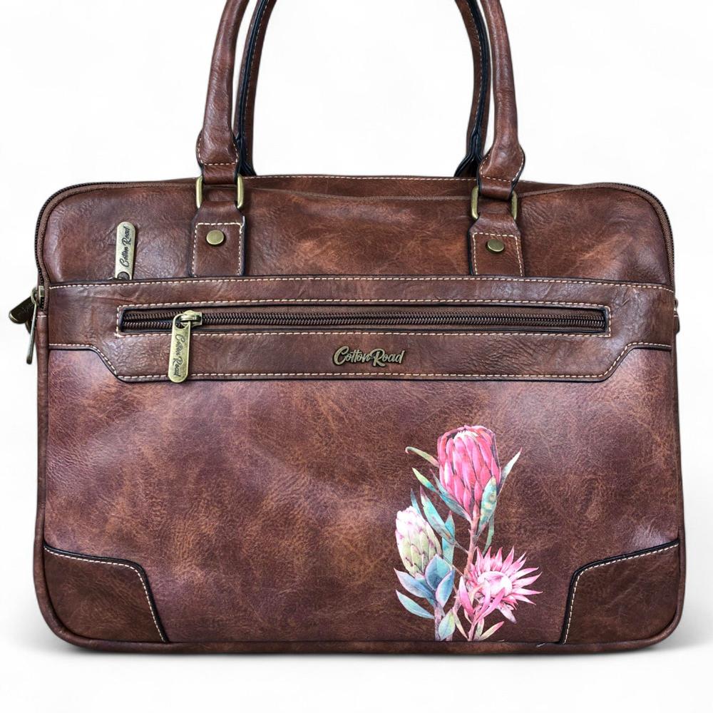 Cotton Road Laptop Bag: BROWN PU Leather Bag with PROTEAS