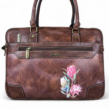 Cotton Road Laptop Bag: BROWN PU Leather Bag with PROTEAS