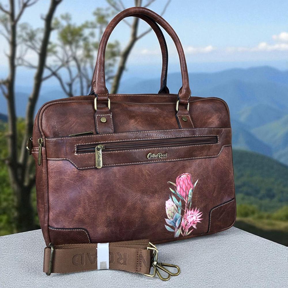 Cotton Road Laptop Bag: BROWN PU Leather Bag with PROTEAS