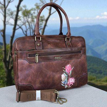 Cotton Road Laptop Bag: BROWN PU Leather Bag with PROTEAS