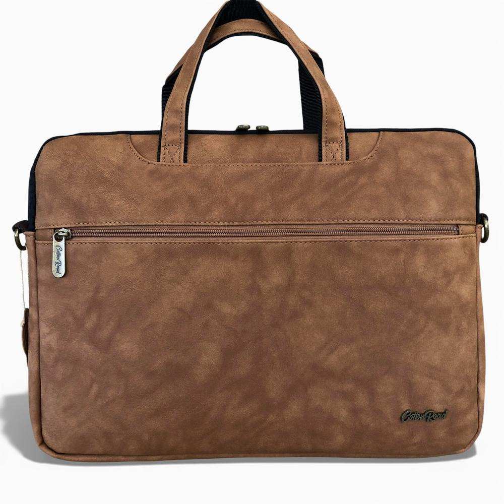 Cotton Road Laptop Bag: CAMEL PU Leather 15'6 Padded Laptop Bag / Carry Sleeve BACK ZIP VIEW