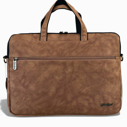 Cotton Road Laptop Bag: CAMEL PU Leather 15'6 Padded Laptop Bag / Carry Sleeve BACK ZIP VIEW