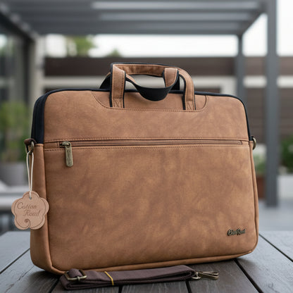 Cotton Road Laptop Bag: CAMEL PU Leather 15'6 Padded Laptop Bag / Carry Sleeve lifestyle