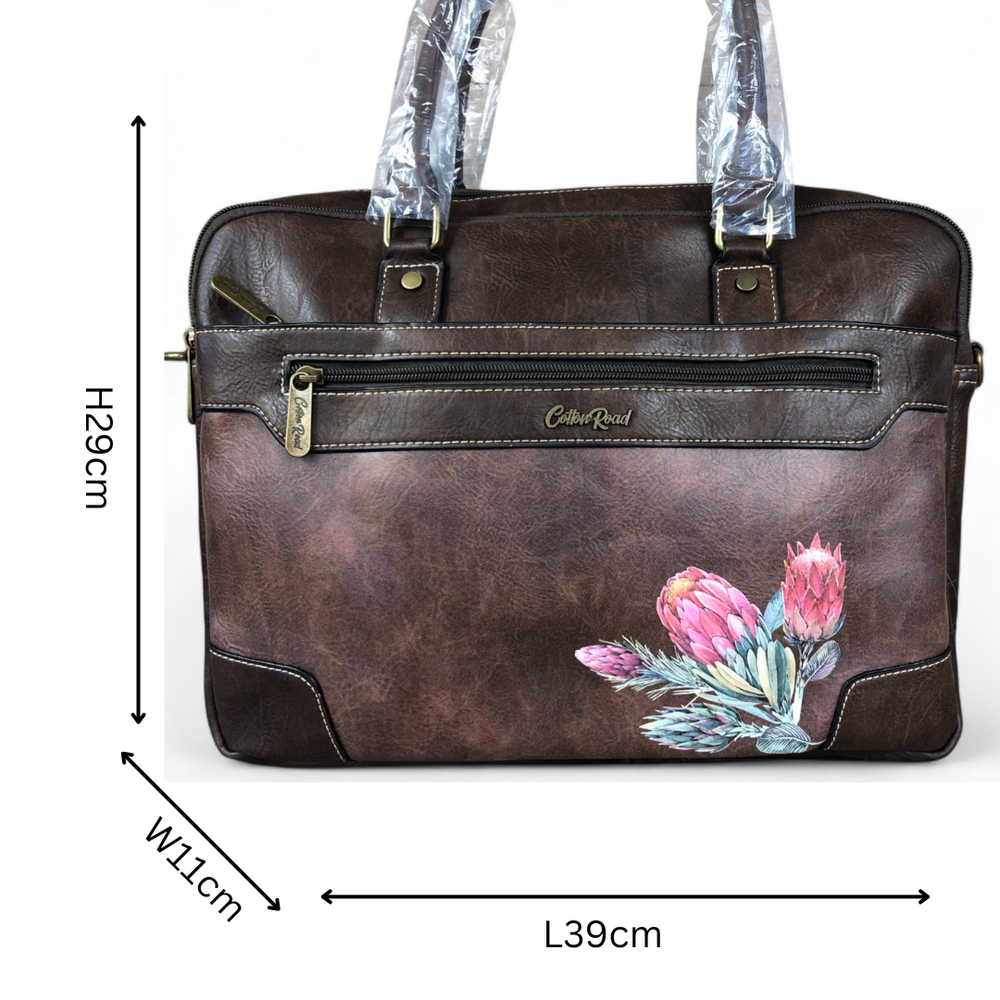 Cotton Road Laptop Bag: COFFEE BROWN PU Leather Bag with PROTEAS