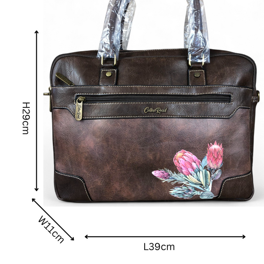 Cotton Road Laptop Bag: COFFEE BROWN PU Leather Bag with PROTEAS