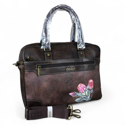 Cotton Road Laptop Bag: COFFEE BROWN PU Leather Bag with PROTEAS