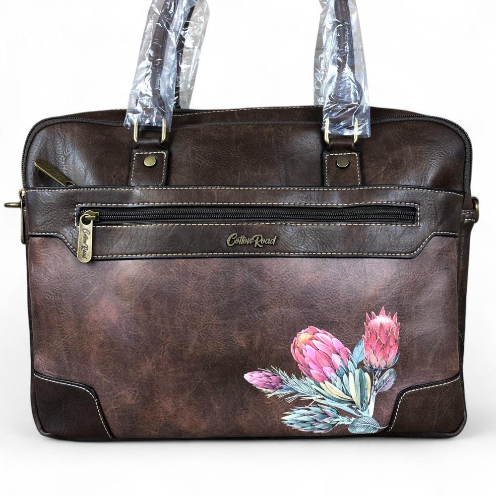 Cotton Road Laptop Bag: COFFEE BROWN PU Leather Bag with PROTEAS