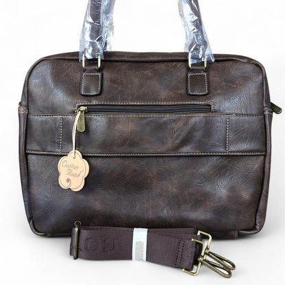 Cotton Road Laptop Bag: COFFEE BROWN PU Leather Bag with PROTEAS
