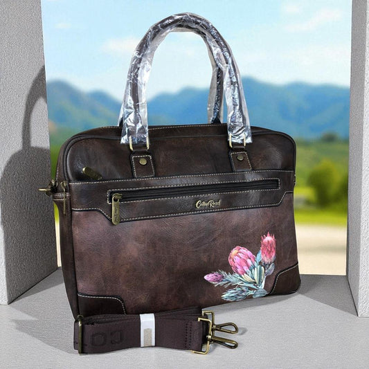 Cotton Road Laptop Bag: COFFEE BROWN PU Leather Bag with PROTEAS