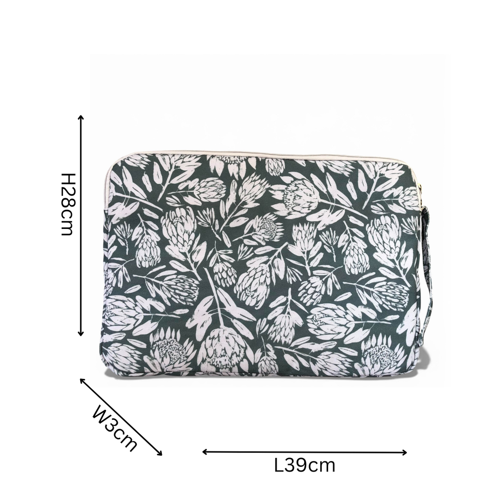 Cotton Road Laptop Bag: GREEN Protea Design Canvas Laptop Bag with GREY Trim and Matching Sleeve COMBO