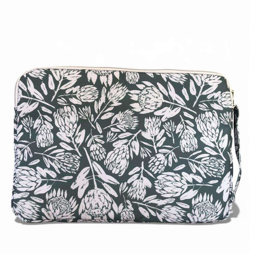 Cotton Road Laptop Bag: GREEN Protea Design Canvas Laptop Bag with GREY Trim and Matching Sleeve COMBO