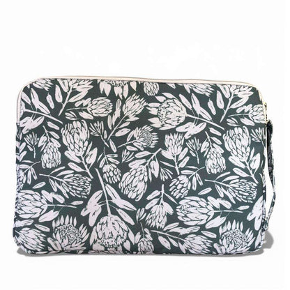 Cotton Road Laptop Bag: GREEN Protea Design Canvas Laptop Bag with GREY Trim and Matching Sleeve COMBO