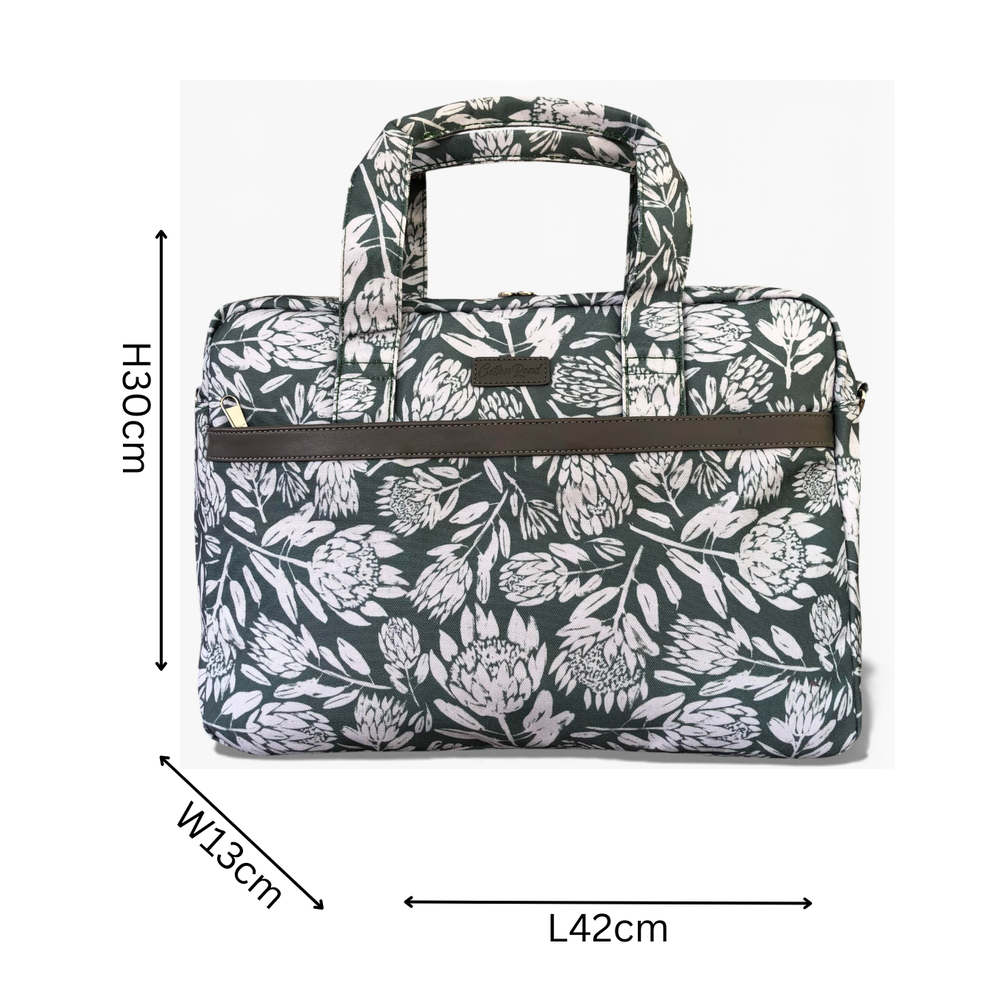 Cotton Road Laptop Bag: GREEN Protea Design Canvas Laptop Bag with GREY Trim and Matching Sleeve COMBO