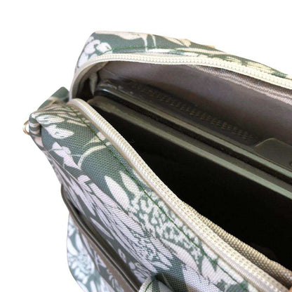 Cotton Road Laptop Bag: GREEN Protea Design Canvas Laptop Bag with GREY Trim and Matching Sleeve COMBO