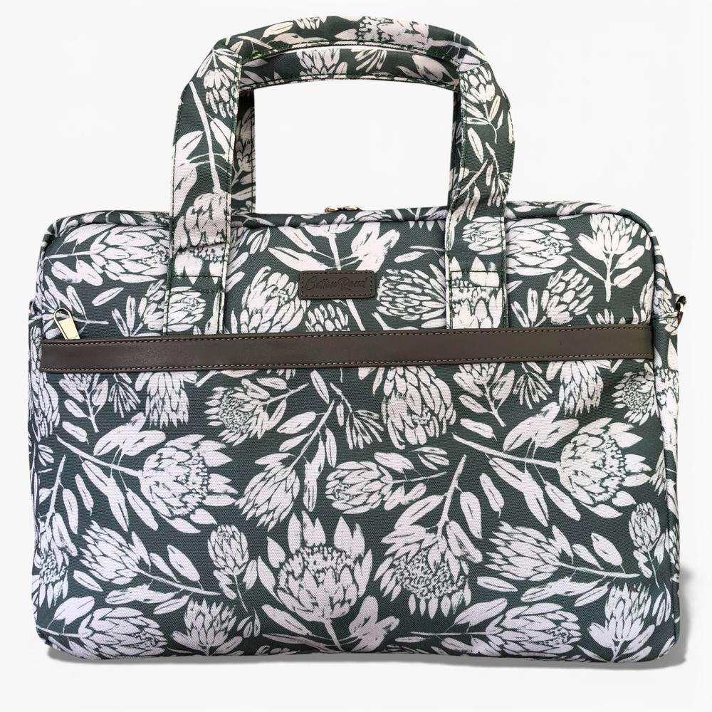 Cotton Road Laptop Bag: GREEN Protea Design Canvas Laptop Bag with GREY Trim and Matching Sleeve COMBO