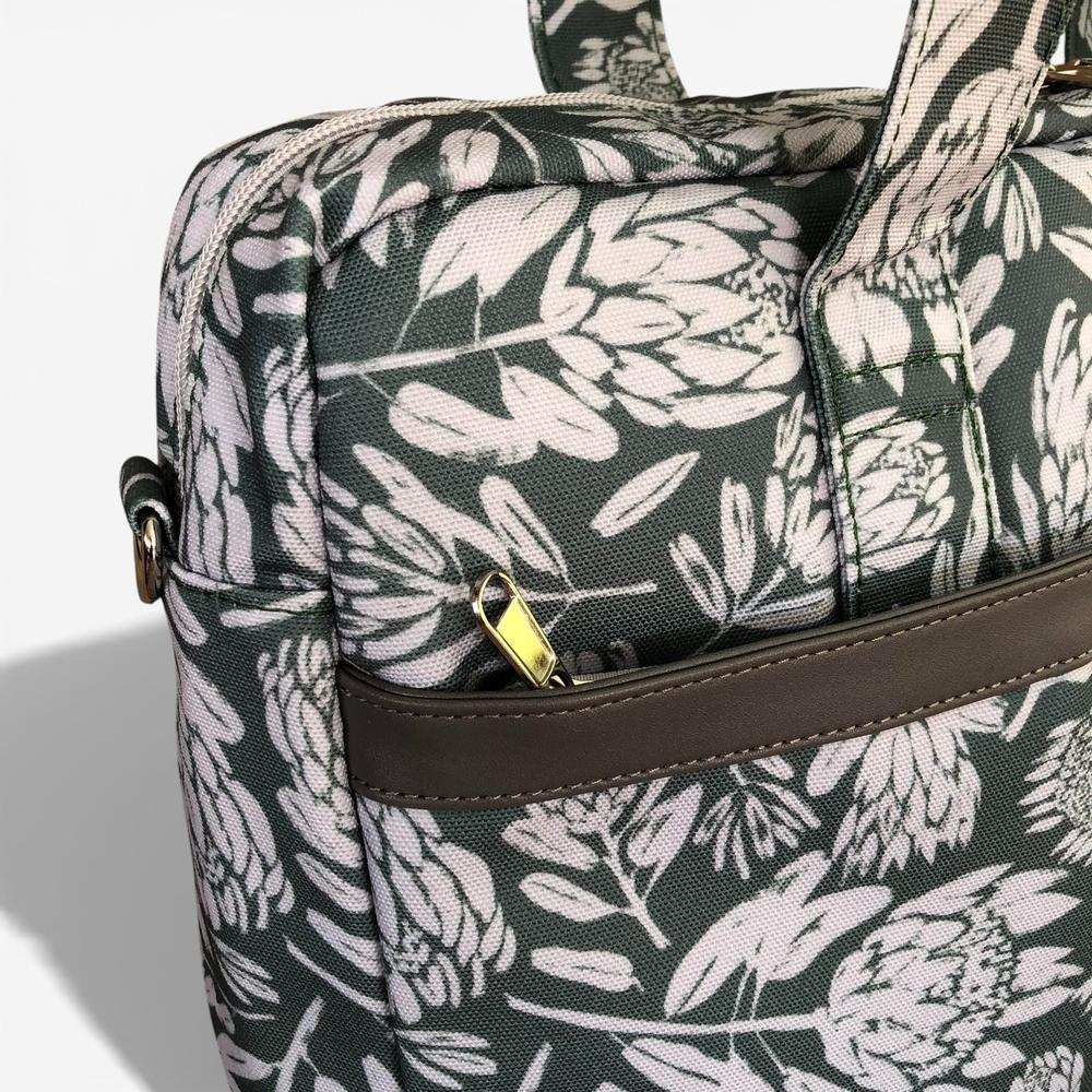Cotton Road Laptop Bag: GREEN Protea Design Canvas Laptop Bag with GREY Trim and Matching Sleeve COMBO