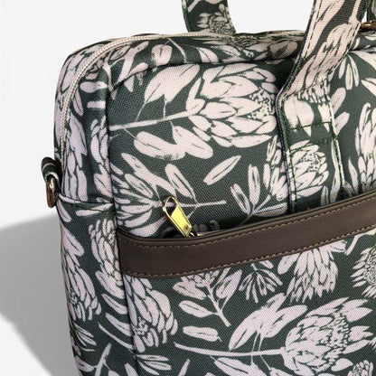 Cotton Road Laptop Bag: GREEN Protea Design Canvas Laptop Bag with GREY Trim and Matching Sleeve COMBO