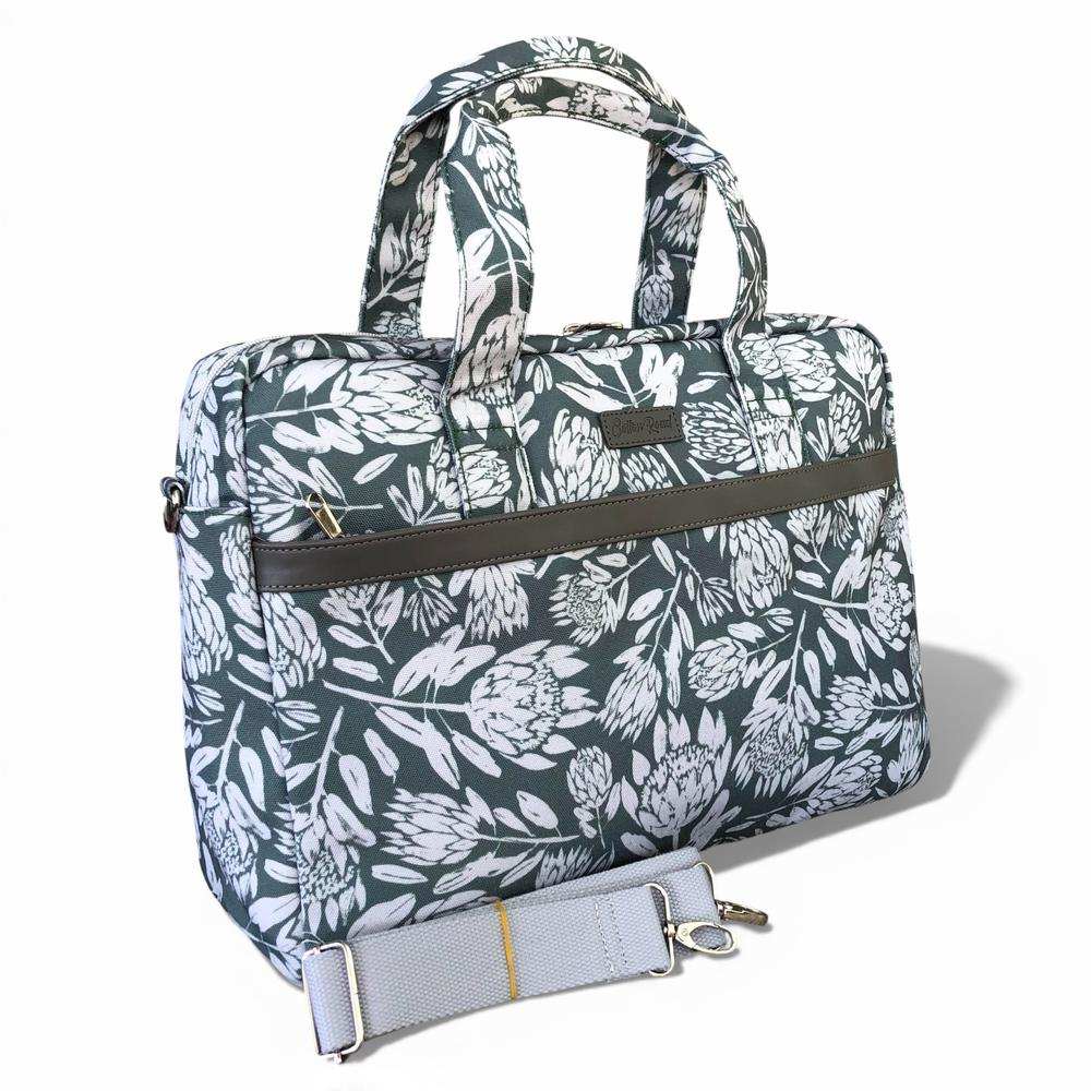 Cotton Road Laptop Bag: GREEN Protea Design Canvas Laptop Bag with GREY Trim and Matching Sleeve COMBO