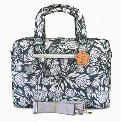 Cotton Road Laptop Bag: GREEN Protea Design Canvas Laptop Bag with GREY Trim and Matching Sleeve COMBO