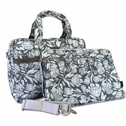 Cotton Road Laptop Bag: GREEN Protea Design Canvas Laptop Bag with GREY Trim and Matching Sleeve COMBO