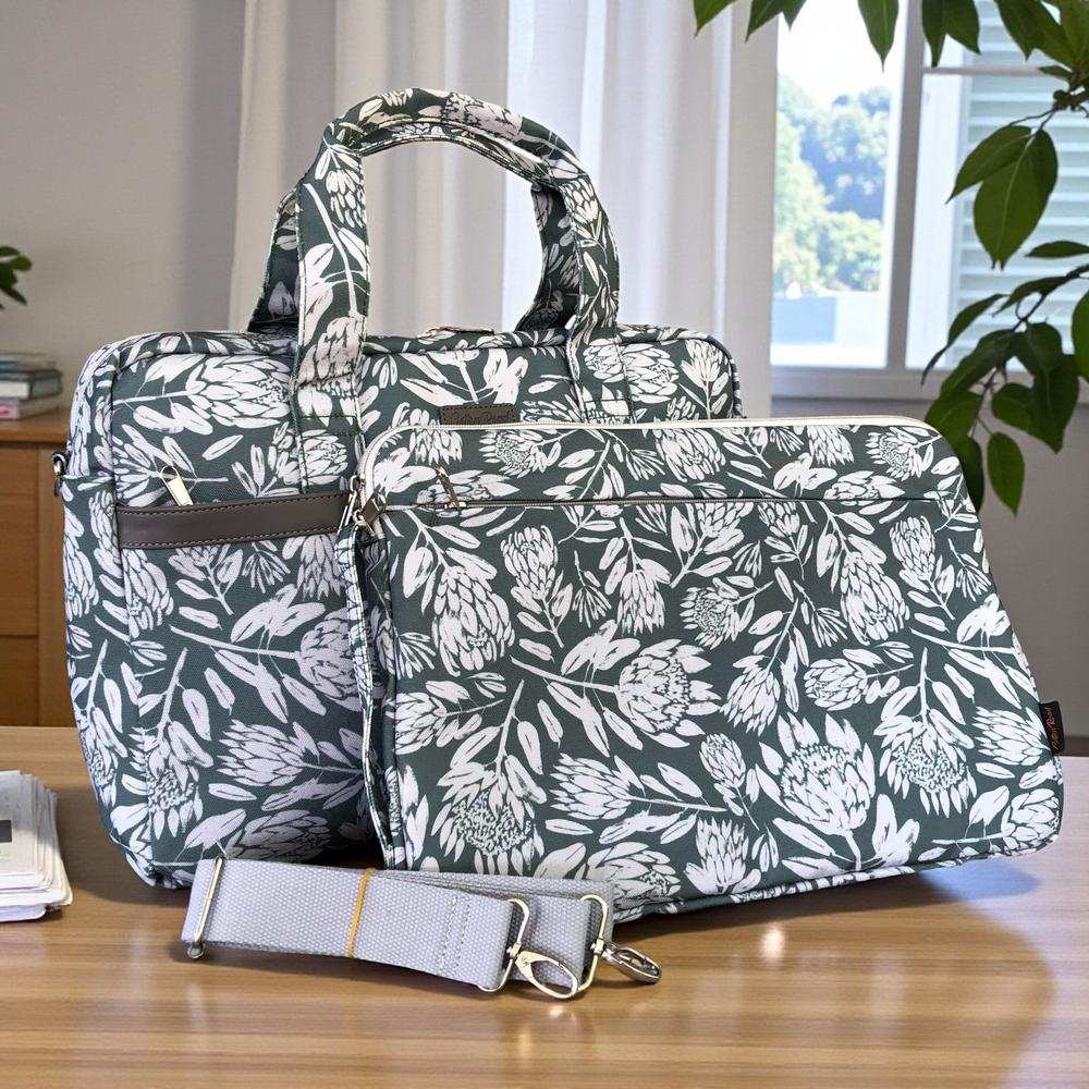 Cotton Road Laptop Bag: GREEN Protea Design Canvas Laptop Bag with GREY Trim and Matching Sleeve COMBO