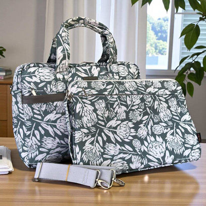 Cotton Road Laptop Bag: GREEN Protea Design Canvas Laptop Bag with GREY Trim and Matching Sleeve COMBO