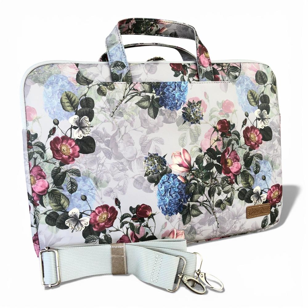 Cotton Road Laptop Bag: GREY FLORAL PVC Bag / Carry Sleeve with Padded Inner back view with strap