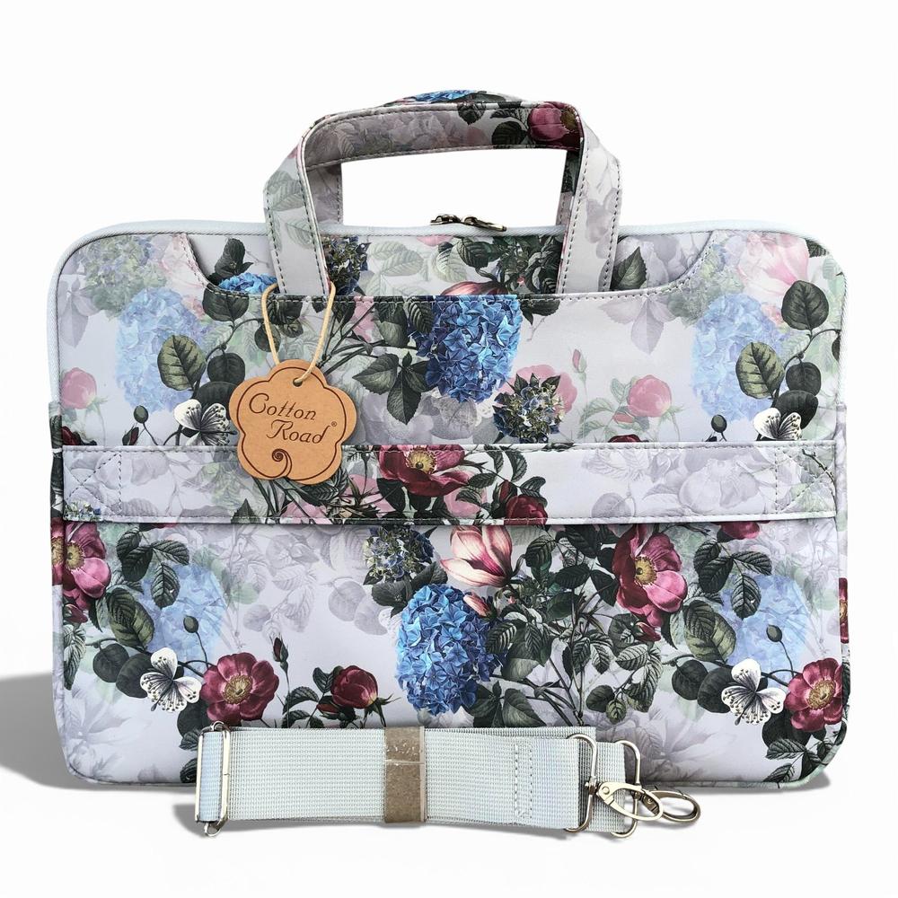 Cotton Road Laptop Bag: GREY FLORAL PVC Bag / Carry Sleeve with Padded Inner front view