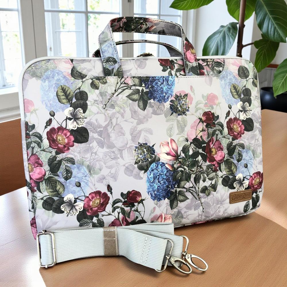 Cotton Road Laptop Bag: GREY FLORAL PVC Bag / Carry Sleeve with Padded Inner front view