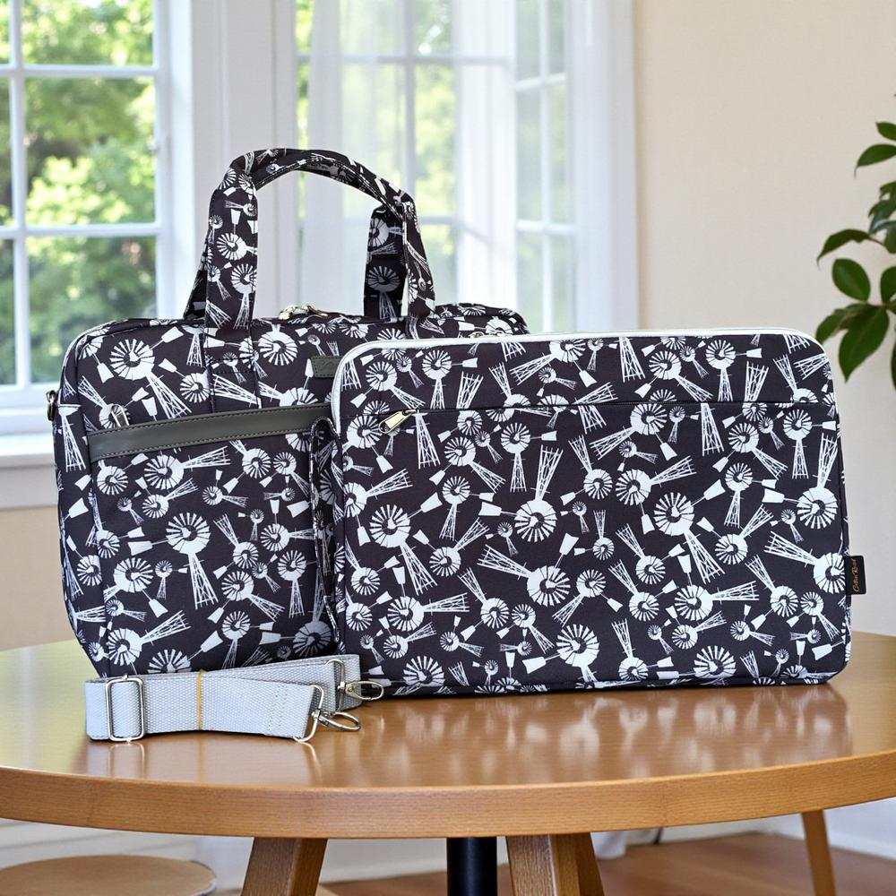 Grey Windmill Canvas Cotton Road Laptop Bag with Matching Sleeve and Grey Trim