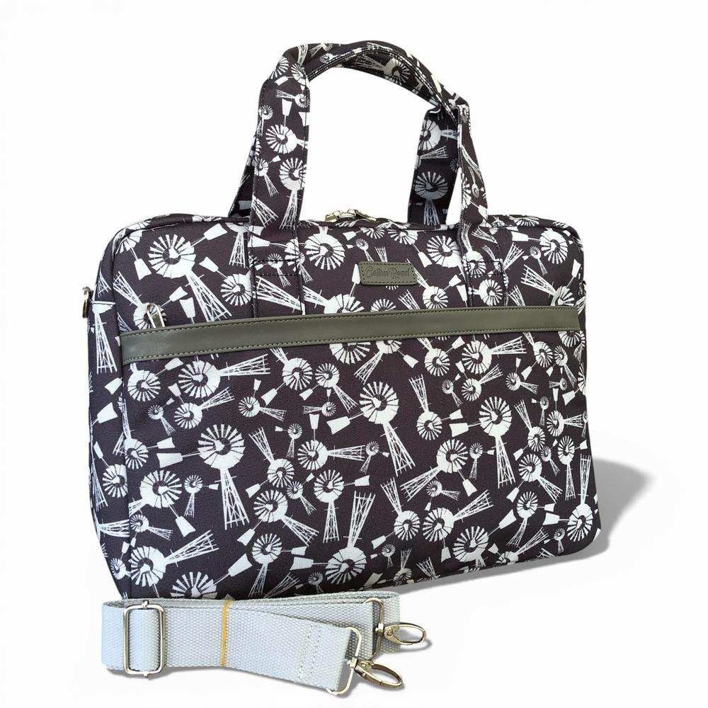 Cotton Road Laptop Bag grey windmill canvas with matching sleeve and adjustable strap