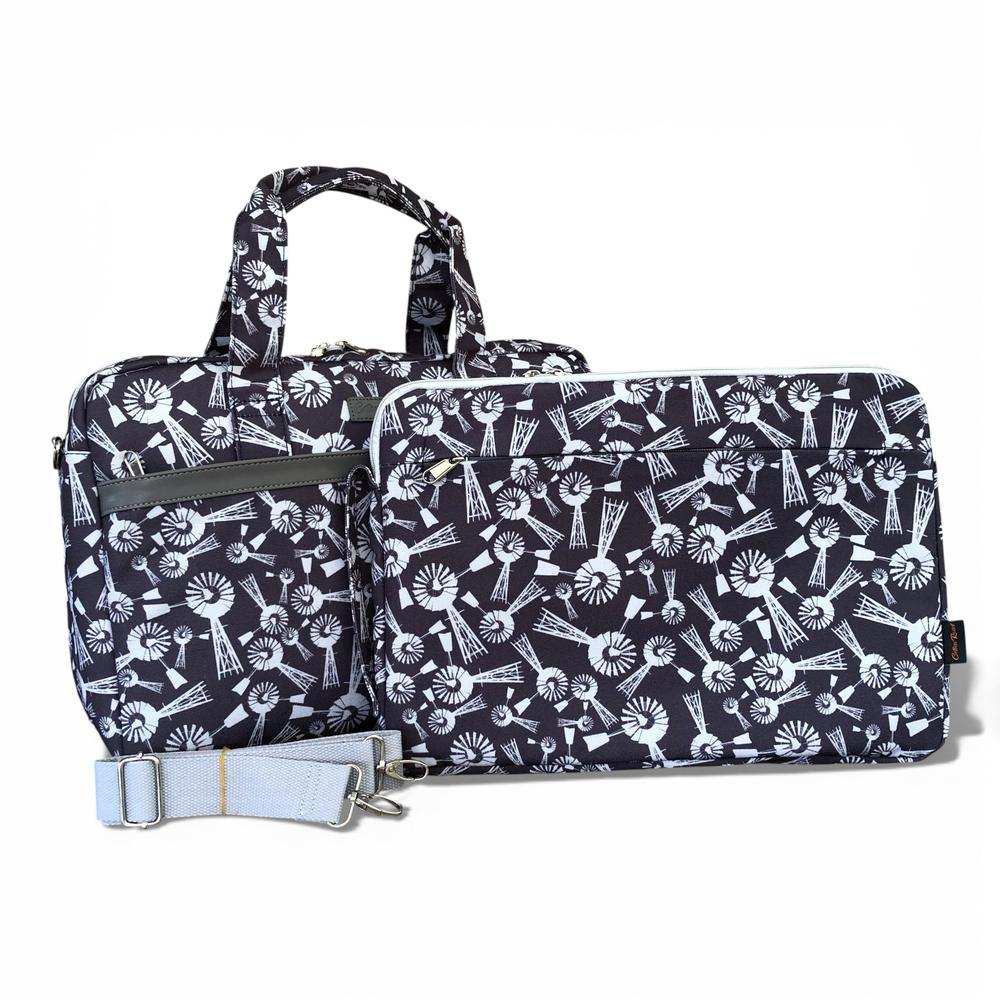 Cotton Road Laptop Bag grey windmill canvas with matching sleeve and adjustable strap for professionals