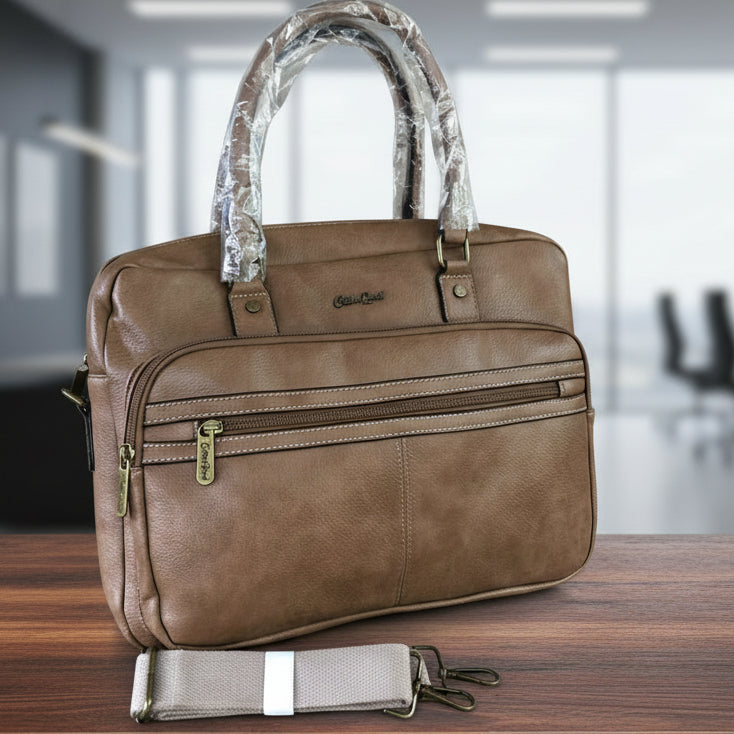 Cotton Road Laptop Bag: KHAKI PU Leather Bag