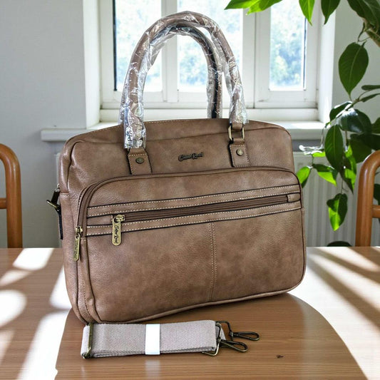 Cotton Road Laptop Bag: KHAKI PU Leather Bag