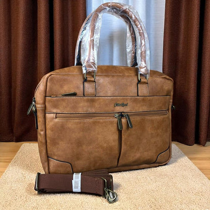 Cotton Road Laptop Bag: KHAKI PU Leather Bag
