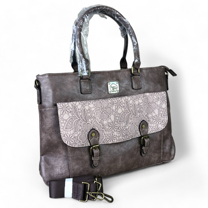 Cotton Road Laptop Bag: MAUVE PU Leather Lace Print Design