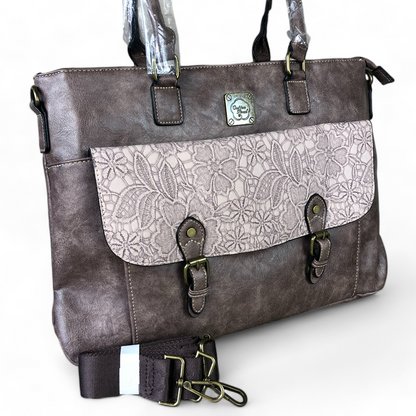 Cotton Road Laptop Bag: MAUVE PU Leather Lace Print Design