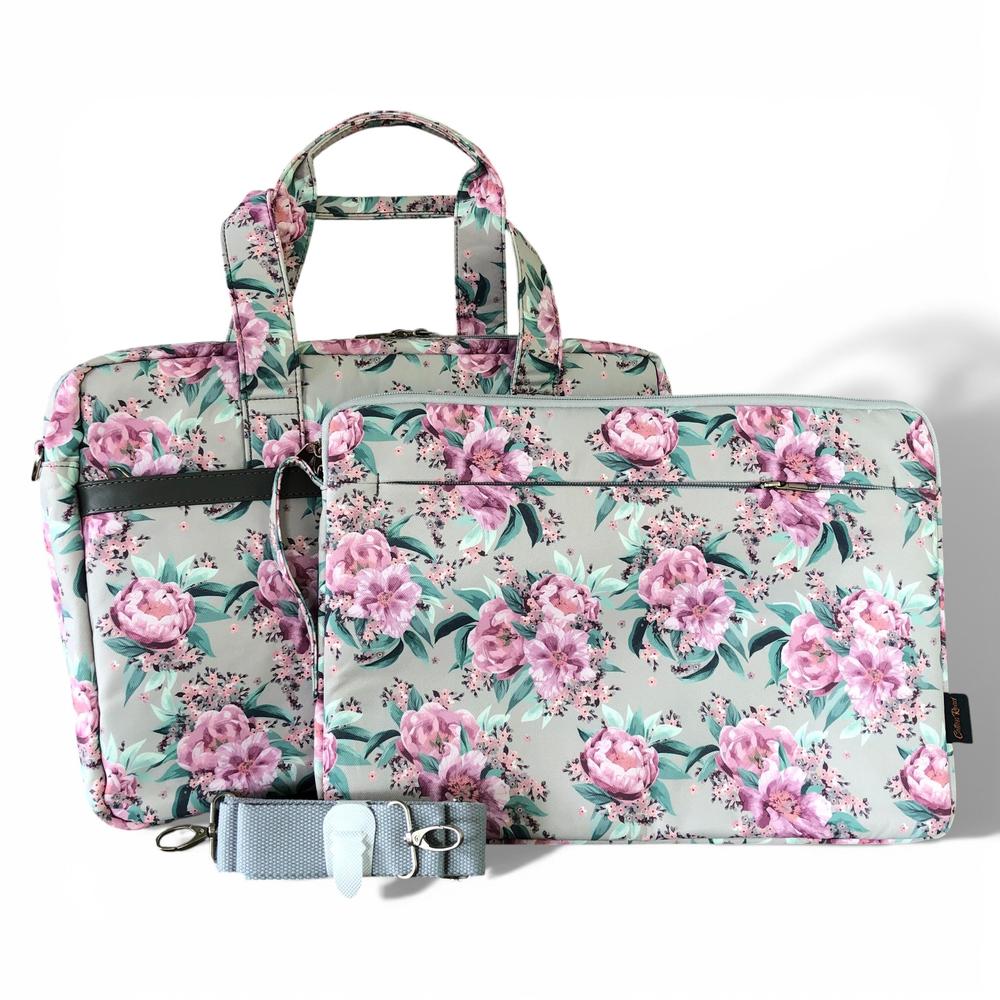 Cotton Road Laptop Bag: MINT GREEN Canvas FLORAL Laptop Bag with GREY Trim and Matching Sleeve COMBO BOTH FRONT