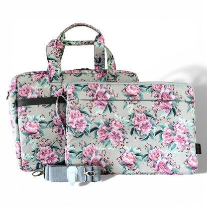 Cotton Road Laptop Bag: MINT GREEN Canvas FLORAL Laptop Bag with GREY Trim and Matching Sleeve COMBO BOTH FRONT