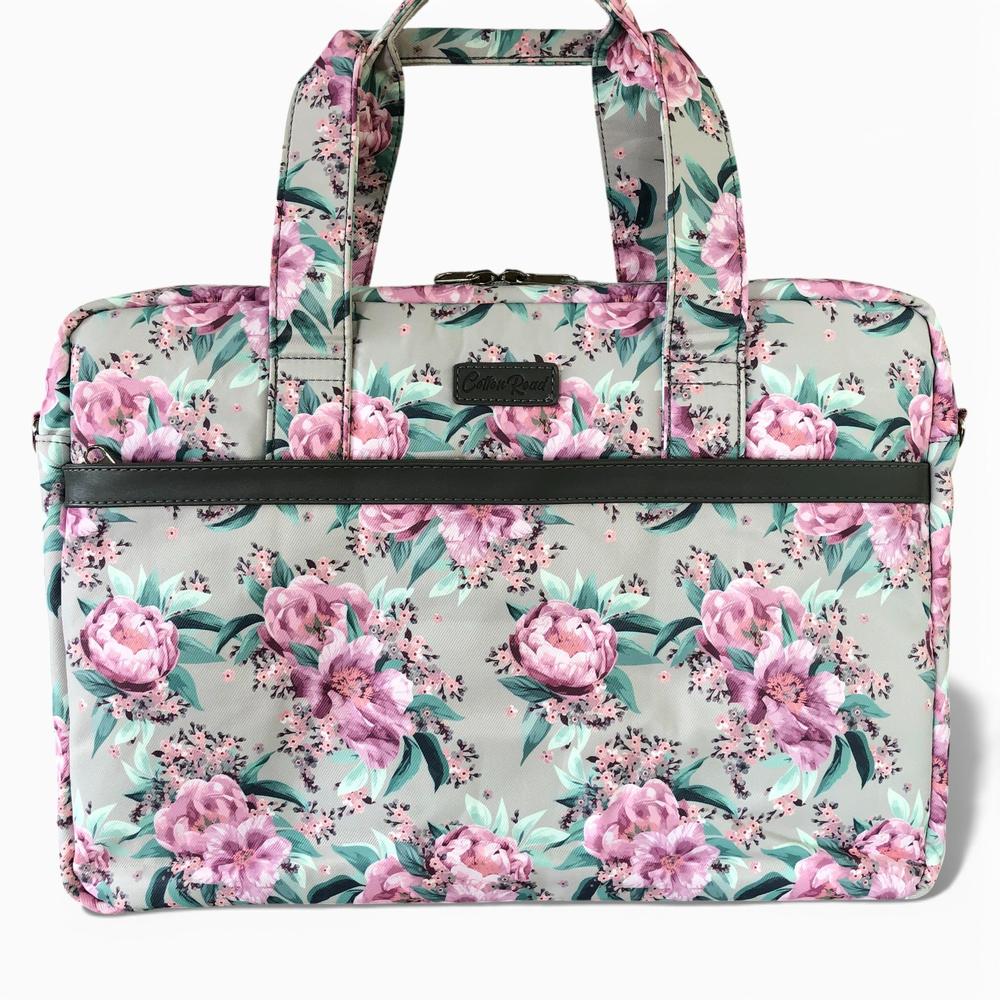 Cotton Road Laptop Bag: MINT GREEN Canvas FLORAL Laptop Bag with GREY Trim and Matching Sleeve COMBO FRONT VIEW