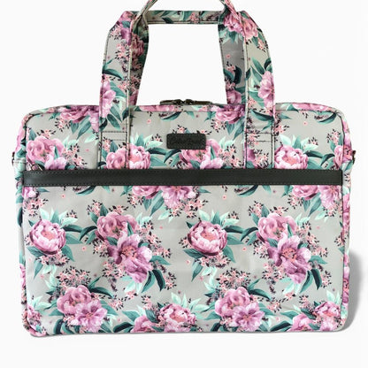 Cotton Road Laptop Bag: MINT GREEN Canvas FLORAL Laptop Bag with GREY Trim and Matching Sleeve COMBO FRONT VIEW