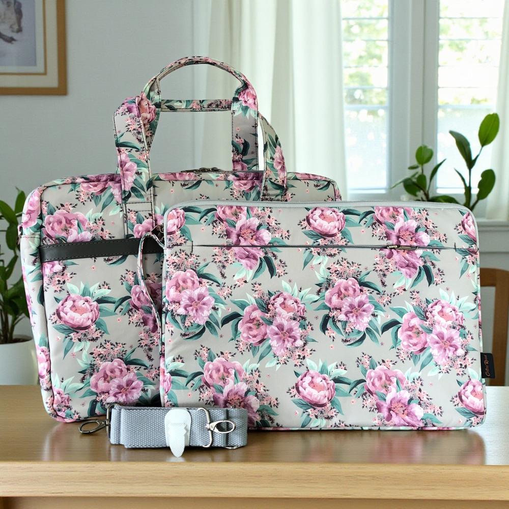 Cotton Road Laptop Bag: MINT GREEN Canvas FLORAL Laptop Bag with GREY Trim and Matching Sleeve COMBO ON TABLE