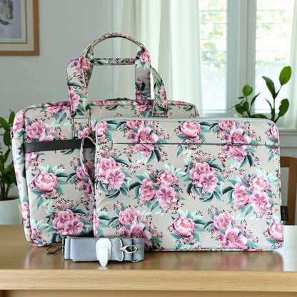 Cotton Road Laptop Bag: MINT GREEN Canvas FLORAL Laptop Bag with GREY Trim and Matching Sleeve COMBO ON TABLE