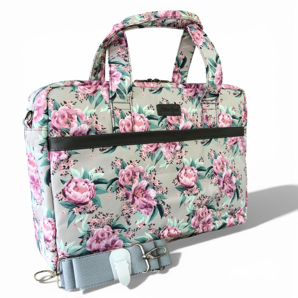 Cotton Road Laptop Bag: MINT GREEN Canvas FLORAL Laptop Bag with GREY Trim and Matching Sleeve COMBO ON WHITE