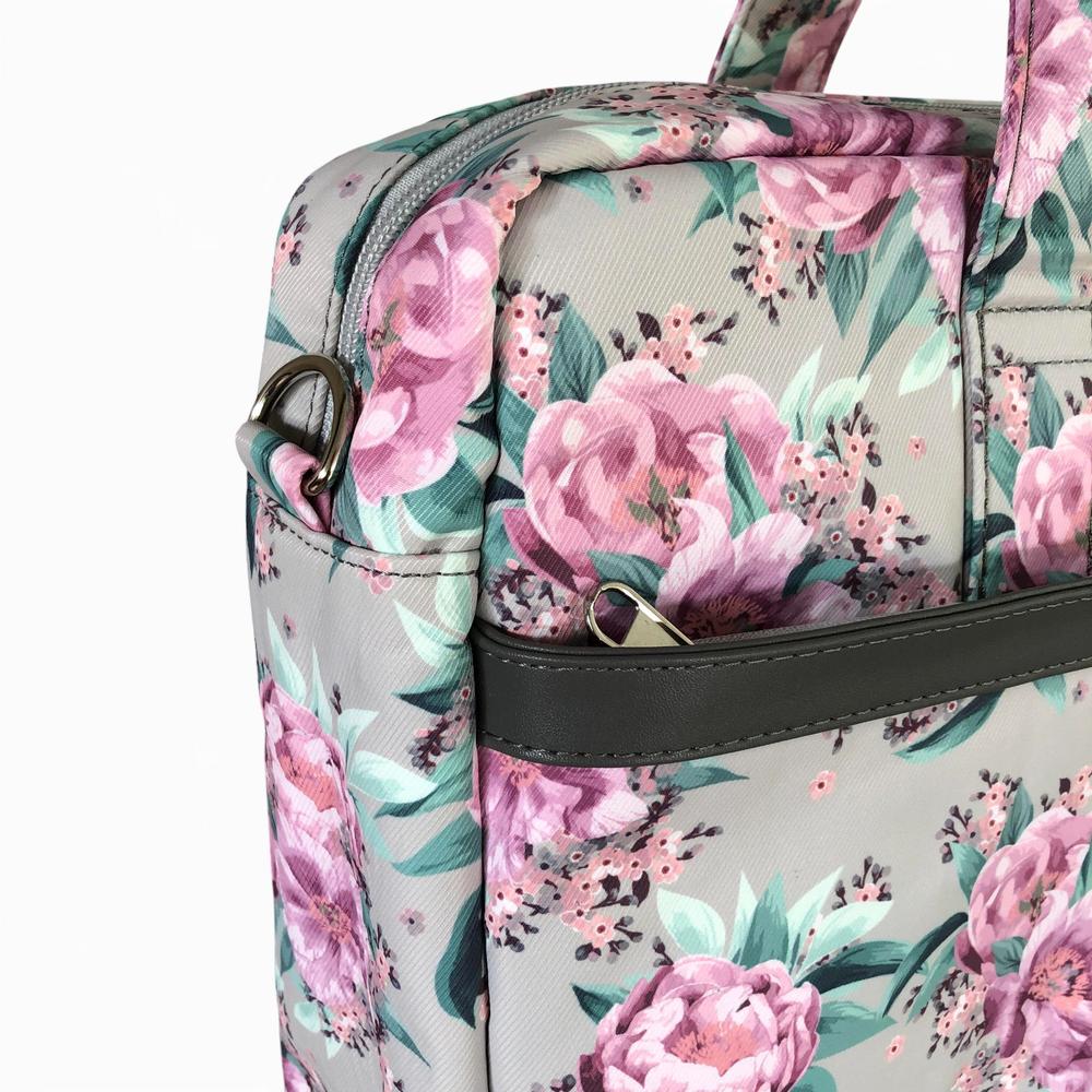 Cotton Road Laptop Bag: MINT GREEN Canvas FLORAL Laptop Bag with GREY Trim and Matching Sleeve COMBO SIDE VIEW