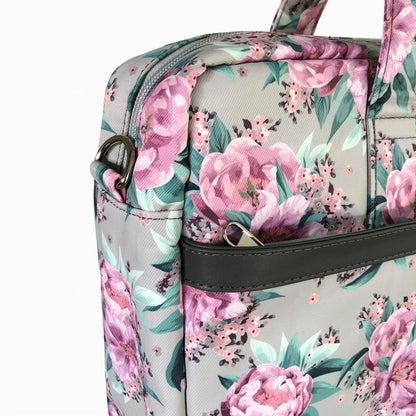 Cotton Road Laptop Bag: MINT GREEN Canvas FLORAL Laptop Bag with GREY Trim and Matching Sleeve COMBO SIDE VIEW