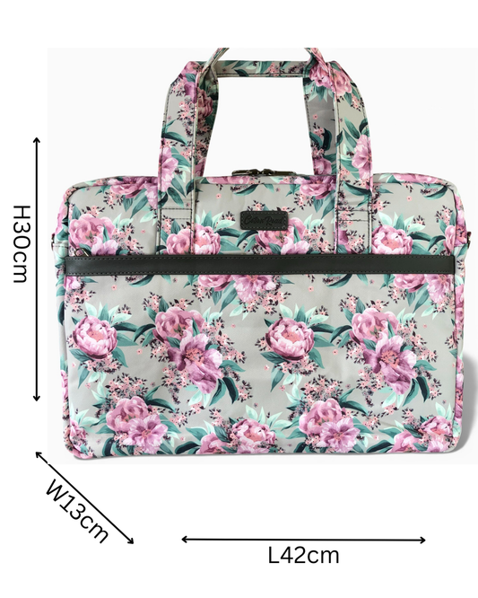Cotton Road Laptop Bag: MINT GREEN Canvas FLORAL Laptop Bag with GREY Trim and Matching Sleeve COMBO SIZED