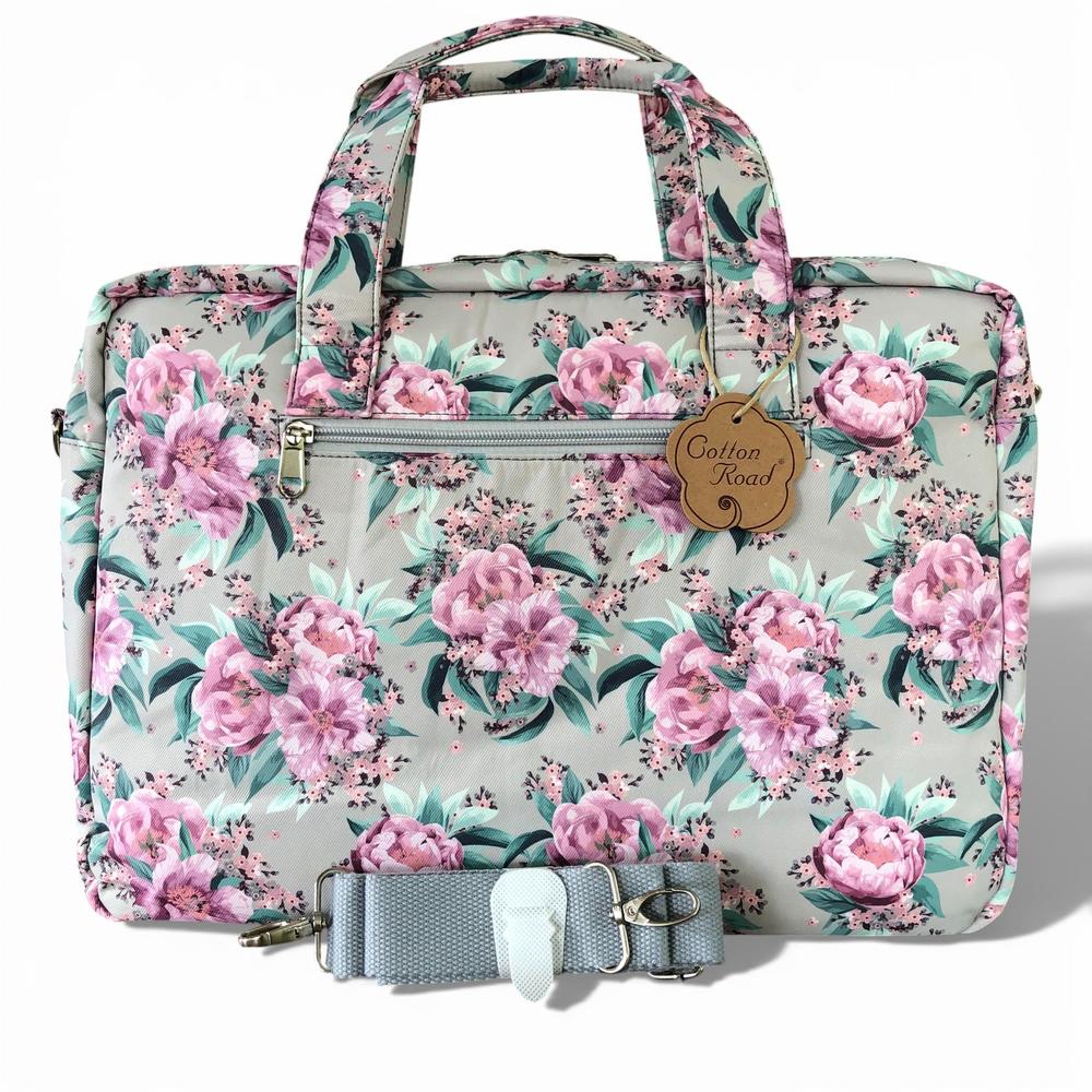 Cotton Road Laptop Bag: MINT GREEN Canvas FLORAL Laptop Bag with GREY Trim and Matching Sleeve COMBO TAGS