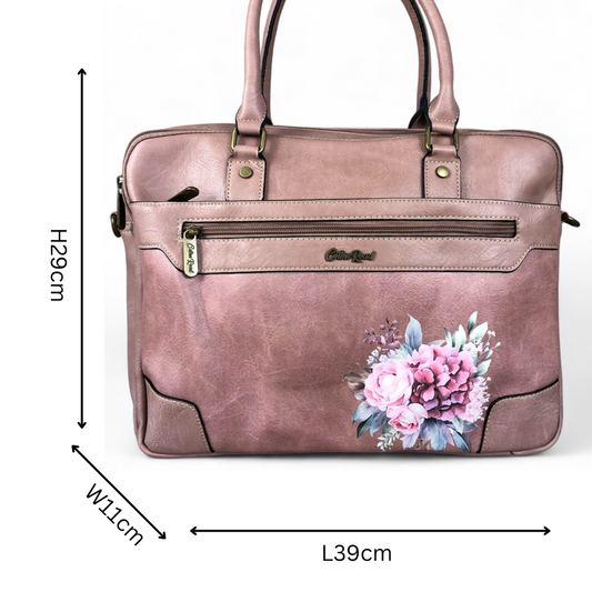 Cotton Road Laptop Bag: PINK PU Leather Bag with FLOWERS