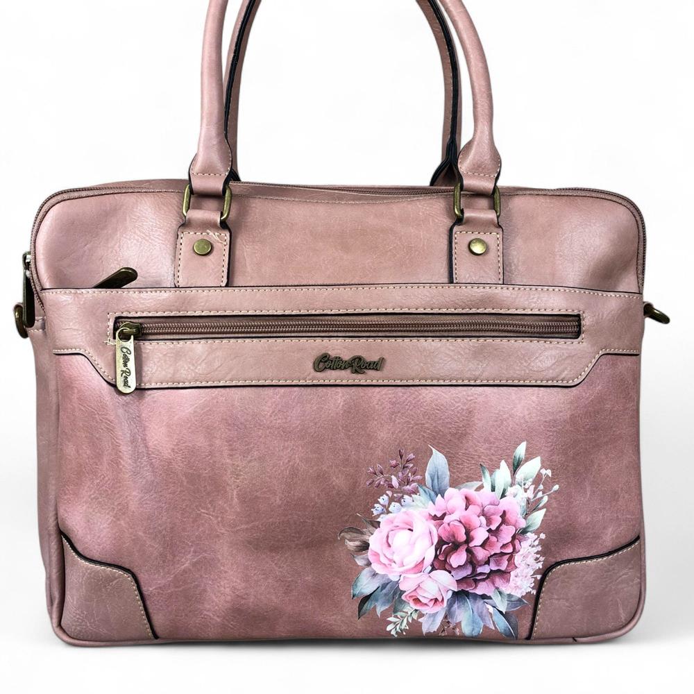 Cotton Road Laptop Bag: PINK PU Leather Bag with FLOWERS